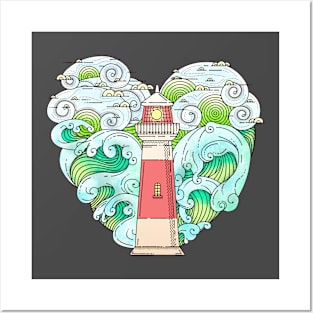 Lighthouse Wavey Sea Green Posters and Art